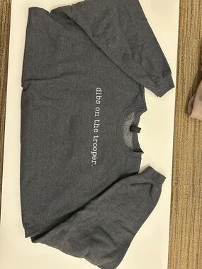Gildan Charcoal Gray Crewneck Sweatshirt with White ‘dibs on the trooper’ Text